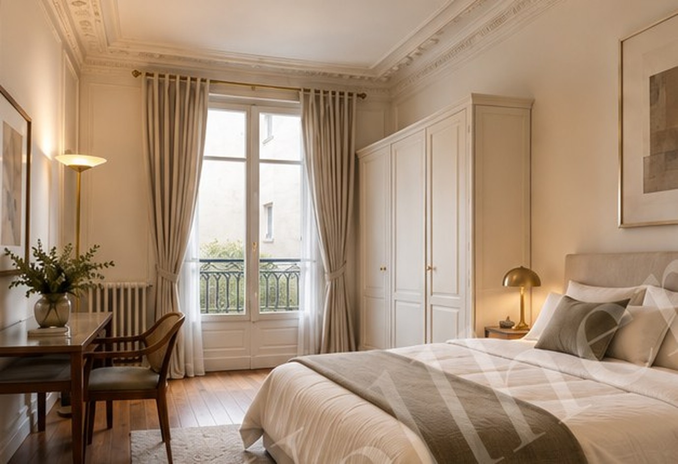 Chambre avec fenêtre à la française, rideaux et bureau ancien