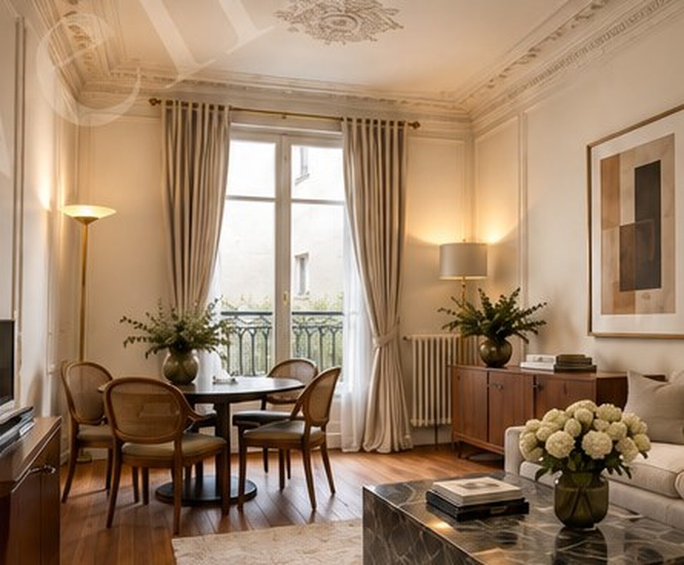 Séjour de l'appartement : moulures, parquet, balcon et lumière naturelle